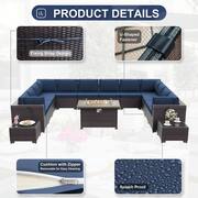 15-Piece Wicker Patio Conversation Set with 55000 BTU Gas Fire Pit Table and Glass Coffee Table and Cushions Navy Blue