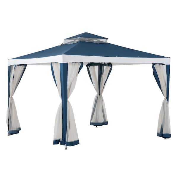 10 ft. x 10 ft. Outdoor Modern 2-Tier Steel Frame Soft Top Gazebo with Mesh Netting for Backyard-Navy Blue & White