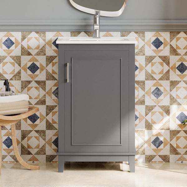 FAMYYT 20 in. Small Single Sink Freestanding Gray Bath Vanity with White Ceramic Top