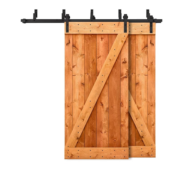 CALHOME 56 in. x 84 in. Z-Bar Bypass Red Walnut Stained DIY Solid Wood Interior Double Sliding Barn Door with Hardware Kit