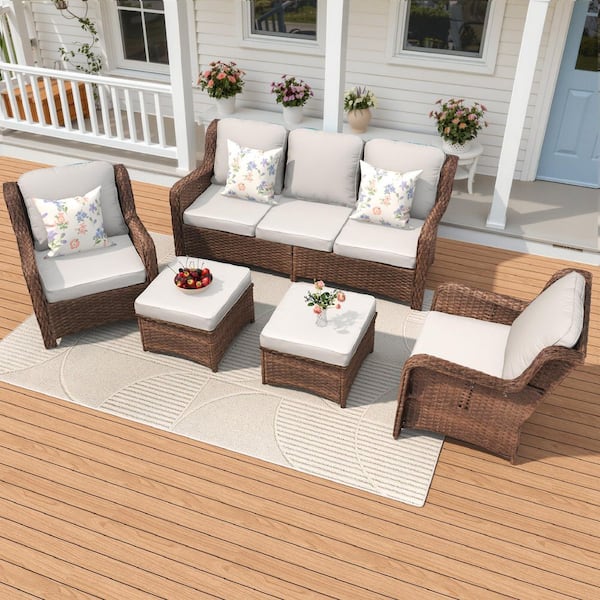 Willit Brown Gray 5-Piece Wicker Outdoor Patio Conversation Seating Set with Off White Cushions