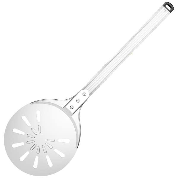 Black 8-inch Perforated Aluminum Pizza Peel Turner with Long Handle and Silicone Hook for Oven Accessories
