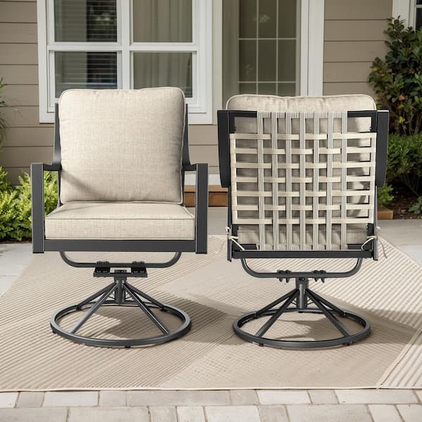 Komodo Swivel and Rocking Black Metal Frame and Gray Wicker Outdoor Dining Chairs with Olefin Beige Cushions (4-Pack)