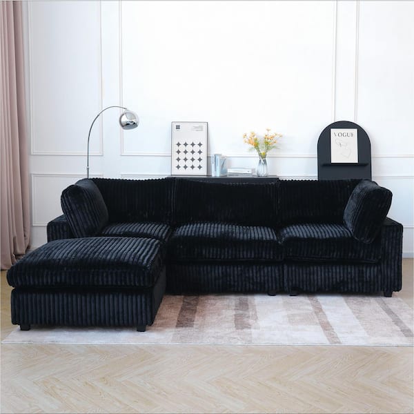 78.7 in. Square Arm Faux Rabbit Fur Velvet 4-Piece Loveseat Cloud Modular Sectional Sofa with Washable Covers in Black