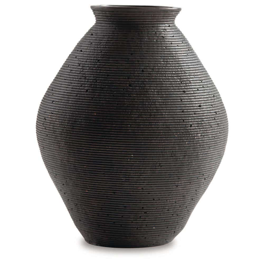 Antique Brown Ribbed Polyresin Vase, 12-Inch