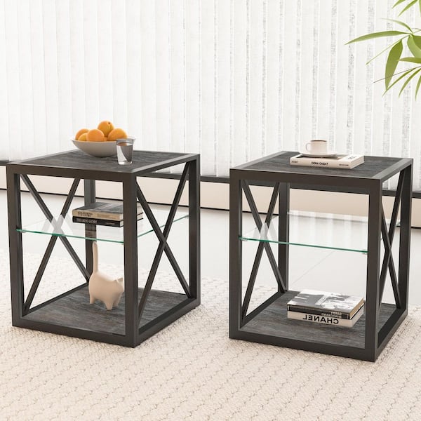 Seafuloy Brown 17.72 in. W Metal X-Frame Rectangle Nightstand with Glass Shelf and 3-Tier Storage (Set of 2)