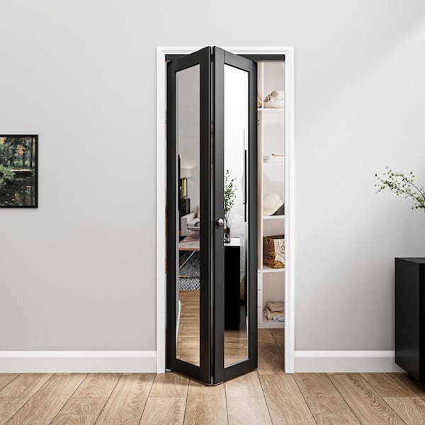 32 in. x 80 in. 1-Lite Mirrored Glass and Solid Core Black Finished MDF Interior Closet Bi-fold Door with Hardware