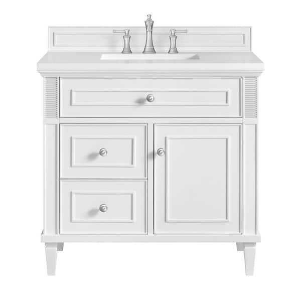 James Martin Vanities Lorelai 36.0 in. W. x 23.5 in. D x 34.06 in. H Single Bathroom Vanity in Bright White with White Zeus Quartz Top