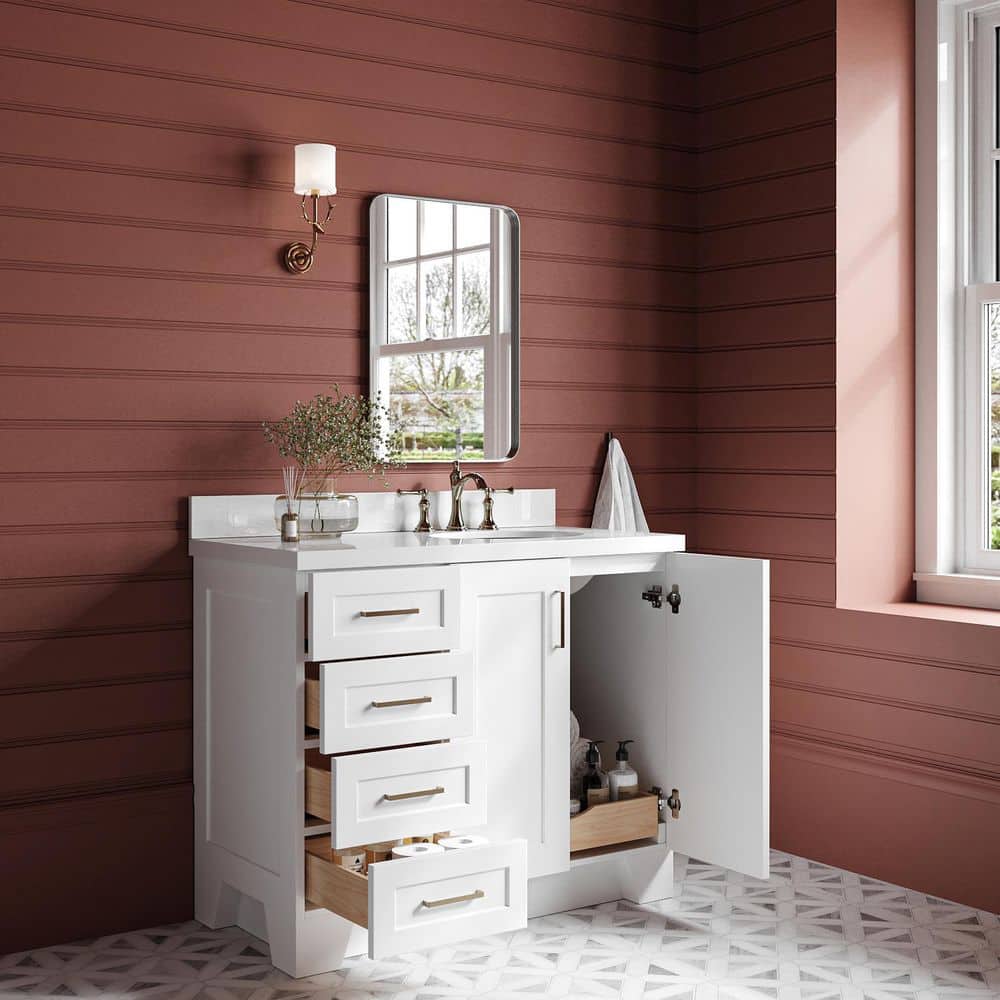 White Wood Freestanding Single Bathroom Vanity with Quartz Top