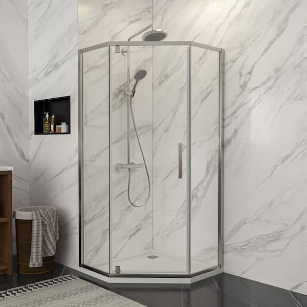 34 in. to 34-4/5 in. W x 72 in. H Neo-Angle Framed Pivot Conner Shower Enclosure in Brushed Silver with Clear Glass