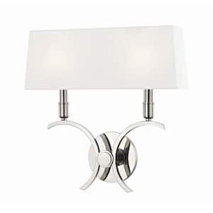 Gwen 2-Light 14.5 in. W Polished Nickel Wall Sconce with White Linen Shade