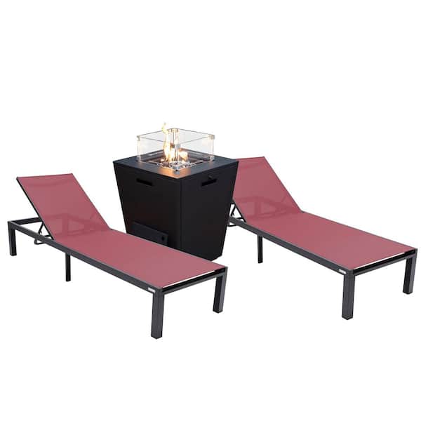 Leisuremod Marlin Modern Black Aluminum Outdoor Patio Chaise Lounge Chair Set of 2 with Fire Pit Table, Burgundy