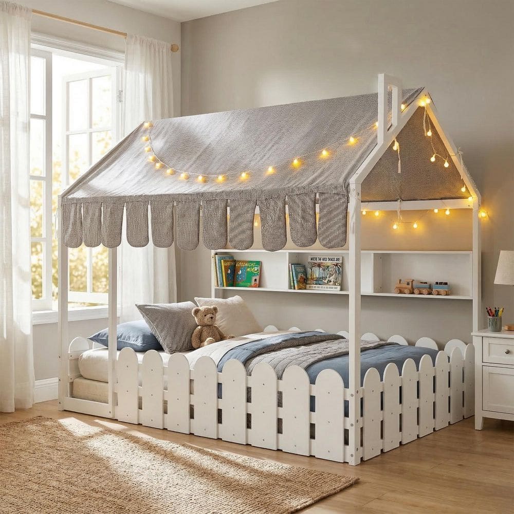 White Full Wood House Bed with Fabric Canopy, String Lights, Shelves and Fence Design