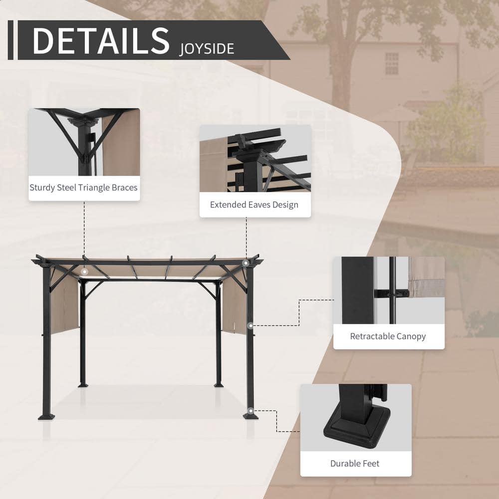 Beige 10x10 Metal Patio Pergola with Retractable Canopy