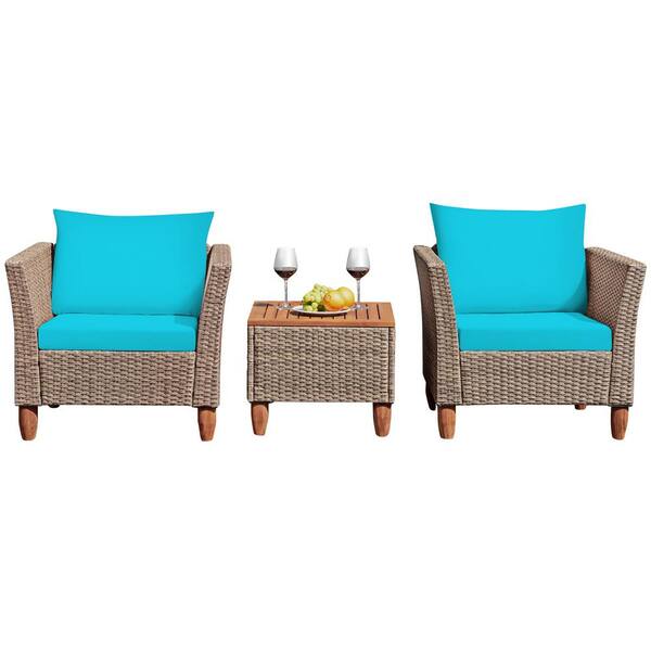 FORCLOVER 3 -Pieces Patio Rattan Bistro Conversation Set with Turquoise Cushions