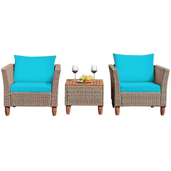 FORCLOVER 3 -Pieces Patio Rattan Bistro Conversation Set with Turquoise Cushions