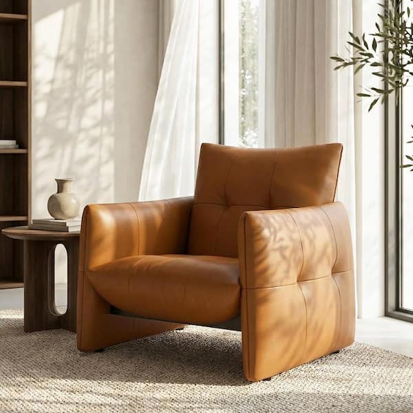 Caramel Brown Faux Leather Arm Chair Tufted Cushions