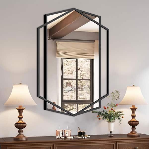 LuxHomez 23 in. W x 32 in. H Hexagonal Rectangular Black Metal Frame Decorative Mirror Bathroom Mirror Wall Mirror