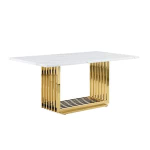 Lisa White Marble 68 in. Double Pedestal in Dining Table Seats 6 Gold Stainless Steel Base