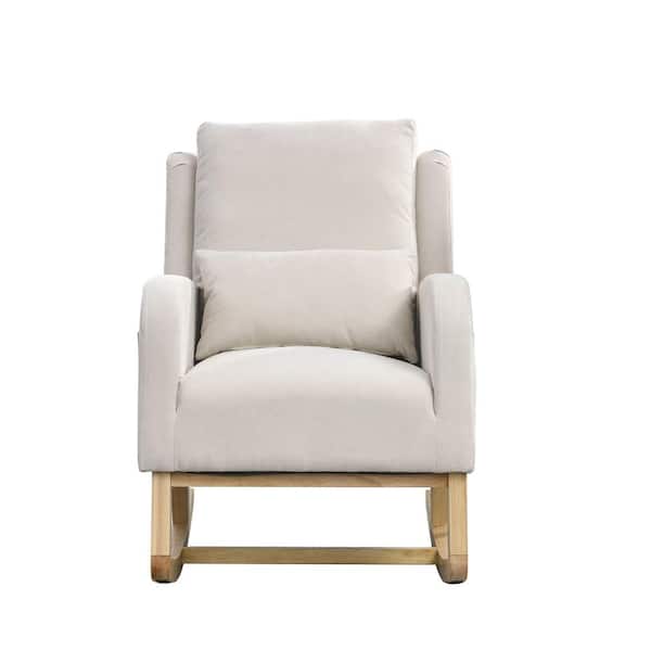 Unbranded Natural Wood Outdoor Rocking Chair with Beige Cushions, 1-Lumbar Pillow, 2-Side Pockets