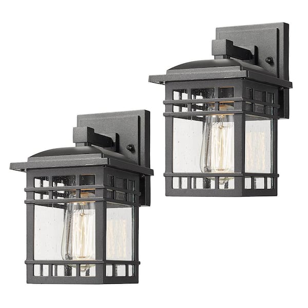 JAZAVA 1-Light Hardwired Black Outdoor Wall Lantern Sconce with Seeded Glass (2-Pack)