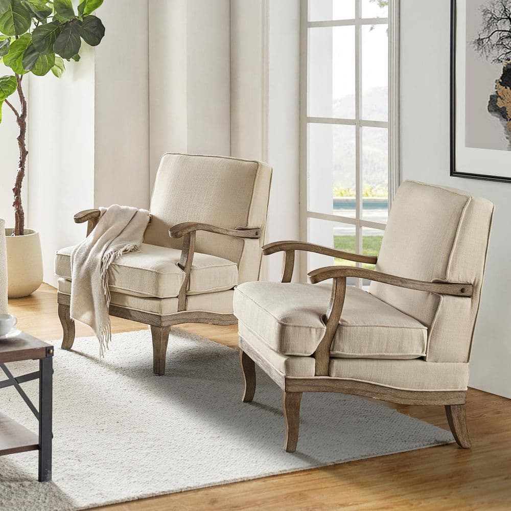 Quentin Linen Farmhouse Wooden Upholstered Arm Chair with Wooden Legs and Foot Pads Protecting the Floor (Set of 2) price history on PriceWatchPro