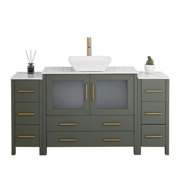 Vanity Art 60 in. W Single Basin Vintage Green Bath Vanity with White Engineered Marble Top and Mirror