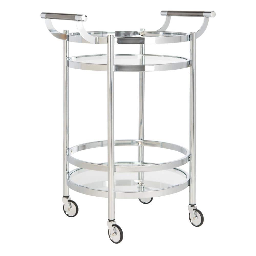 Transitional Chrome 24" Round Bar Cart with Glass Tiers