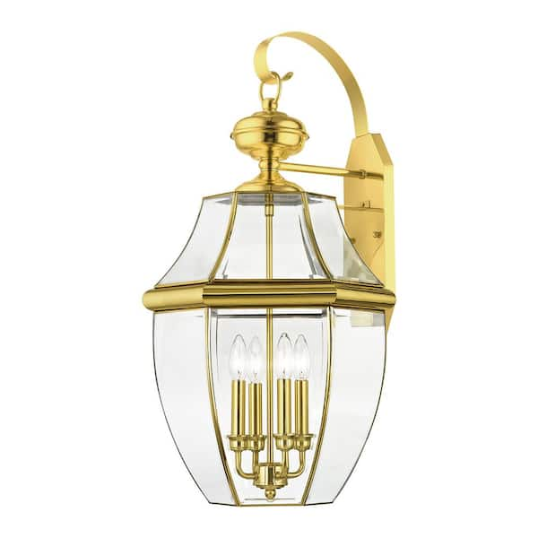 AVIANCE LIGHTING Aston 29 in. 4-Light Polished Brass Outdoor Hardwired Wall Lantern Sconce with No Bulbs Included