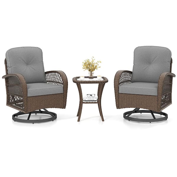 Mix Brown Wicker Outdoor Rocking Chair Set with Gray Cushion and Table