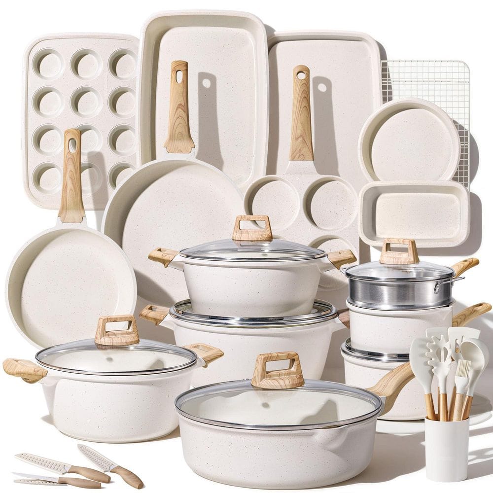 希少！ ファイヤーキング アイボリー キッチンセット 6点セット Wudkey 44-Piece Nonstick Aluminum Cookware Set in White, Induction