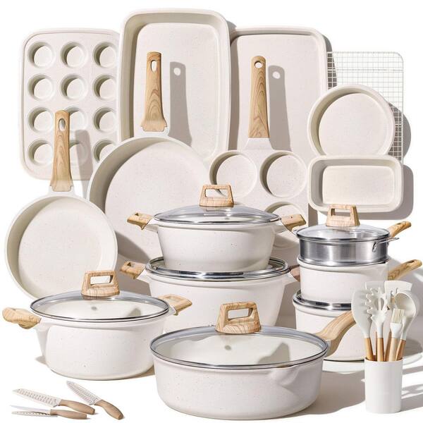 44-Piece Nonstick Aluminum Cookware Set in White, Induction Cook Ware with Bakeware Set and Kitchen Knife Set