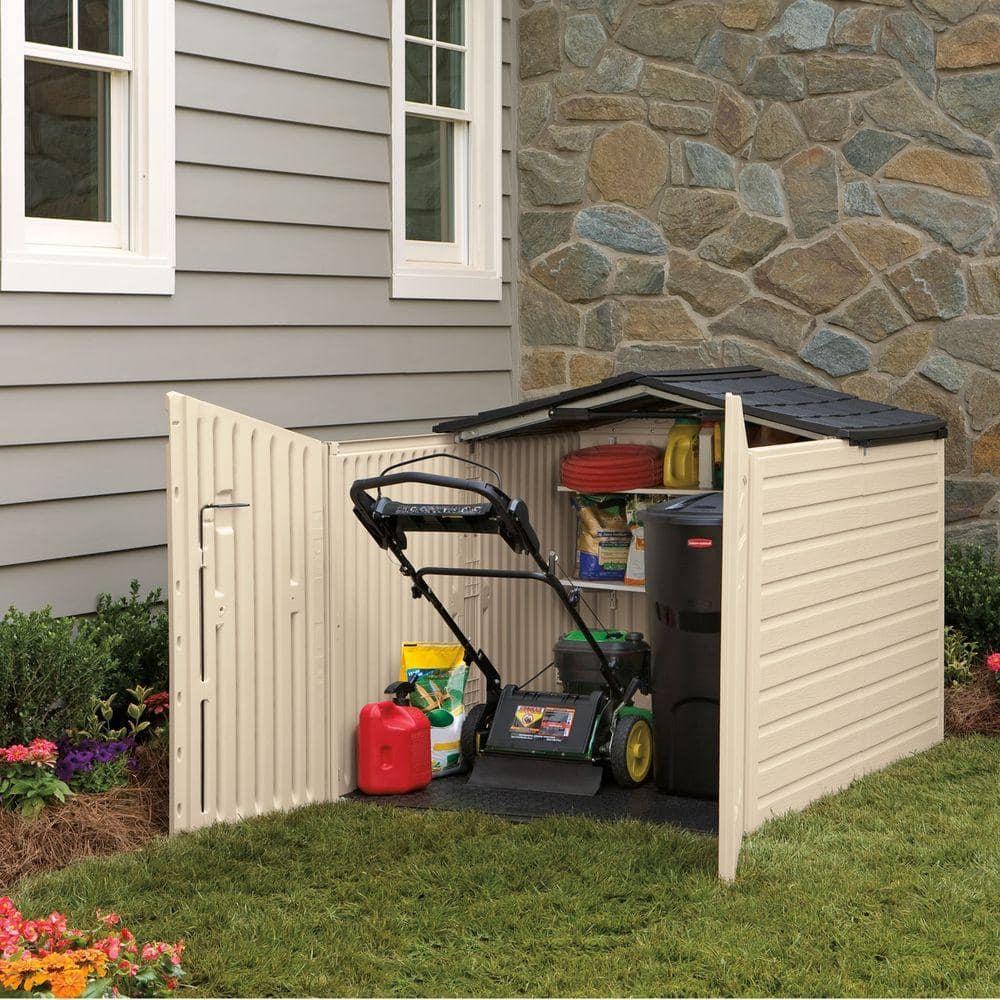 Beige Resin Slide-Lid Outdoor Storage Shed, 96 Cubic Feet