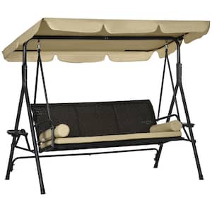3-Person Outdoor Metal Patio Swing Canopy Swing Glider with Removable Cushion, Pillows, Adjustable Shade
