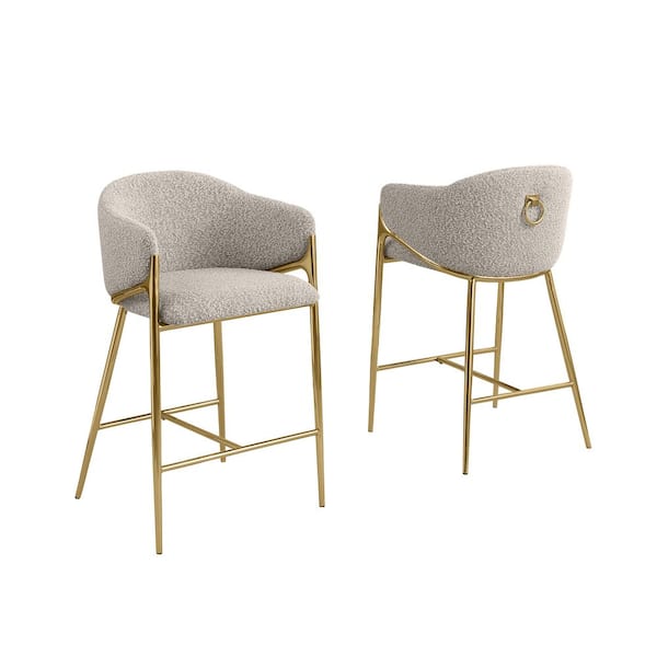 Nadia Grey Boucle Fabric Bar Stools Set of 2 With Gold Chrome Legs