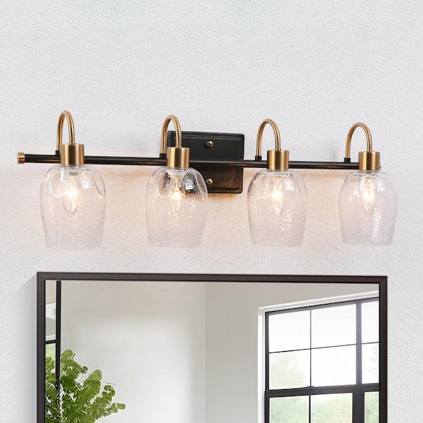 28 in. 4-Light Brass Gold Modern Bathroom Vanity Light, Hammer Glass Black Bath Lighting, Farmhouse Indoor Wall Sconce