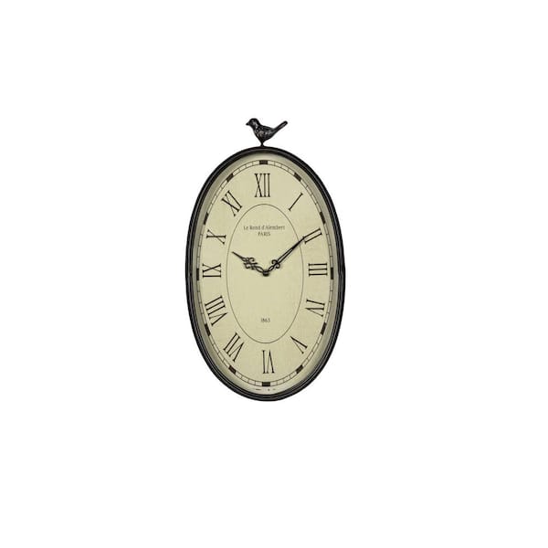 HomeRoots 10.75" Oval Distressed Gunmetal Antique Bird Clock