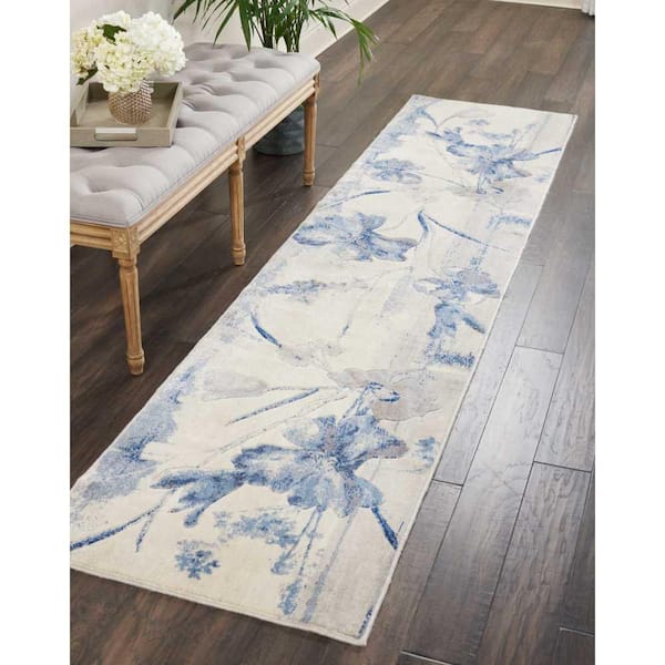 Somerset Ivory Blue 2 ft. x 10 ft. Floral Contemporary Runner Area Rug