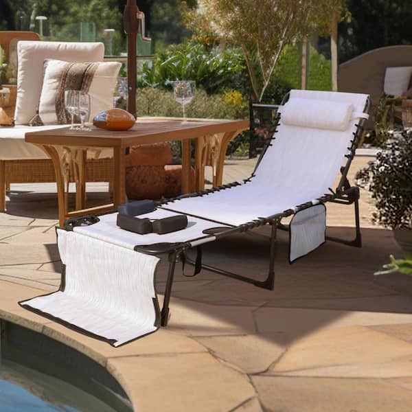 Beige Metal Outdoor Chaise Lounge Chairs, Tanning Chair with Face Hole, Pillow and Side Pocket