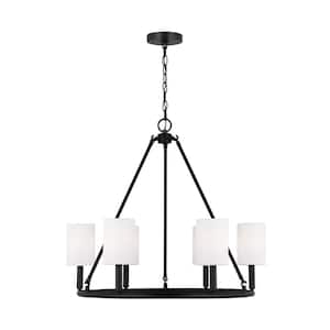 Egmont 6-Light Midnight Black Large Chandelier with White Linen Fabric Shades