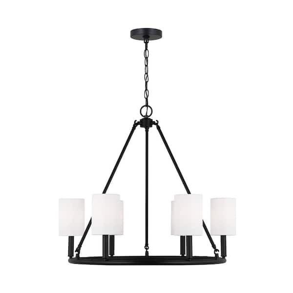 SCOTT LIVING Egmont 6-Light Midnight Black Large Chandelier with White Linen Fabric Shades