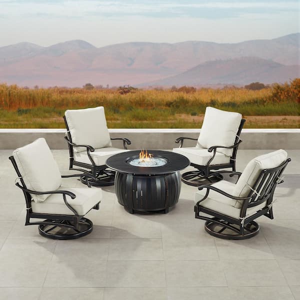 Oakland Living Black 5-Piece Aluminum Patio Fire Table Set with Light Grey Cushions