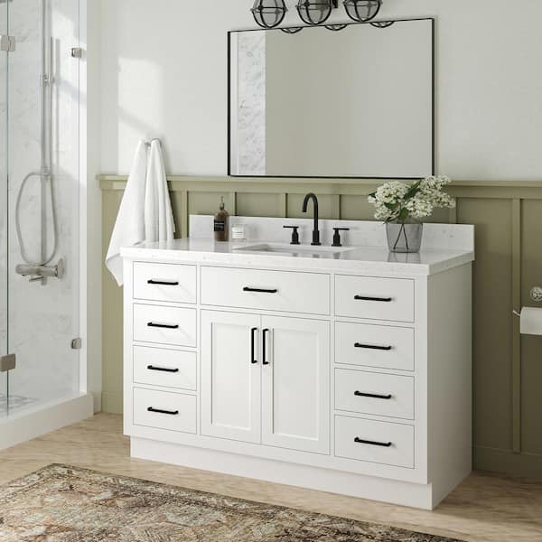 ARIEL Hepburn 54 in. W x 22 in. D x 36 in. H Single Sink Freestanding Bath Vanity in White with Carrara Quartz Top