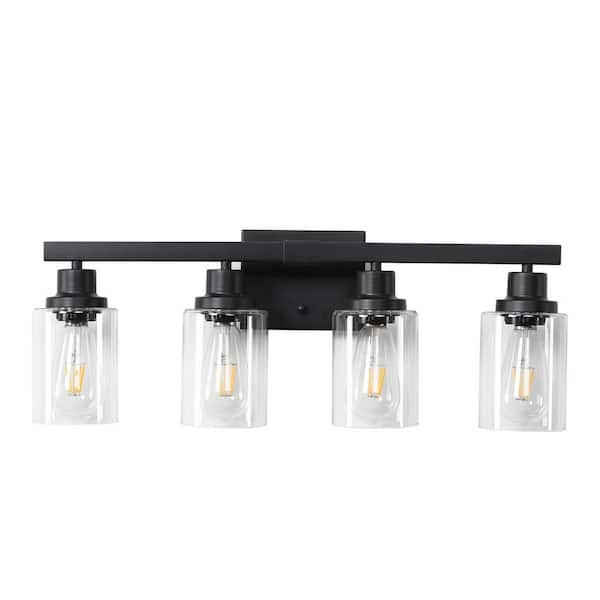 24.2 in. 4-Light Black Farmhouse Vanity Lights Fixture with Glass Shade Rustic Bathroom Light Fixture Bathroom Sconce