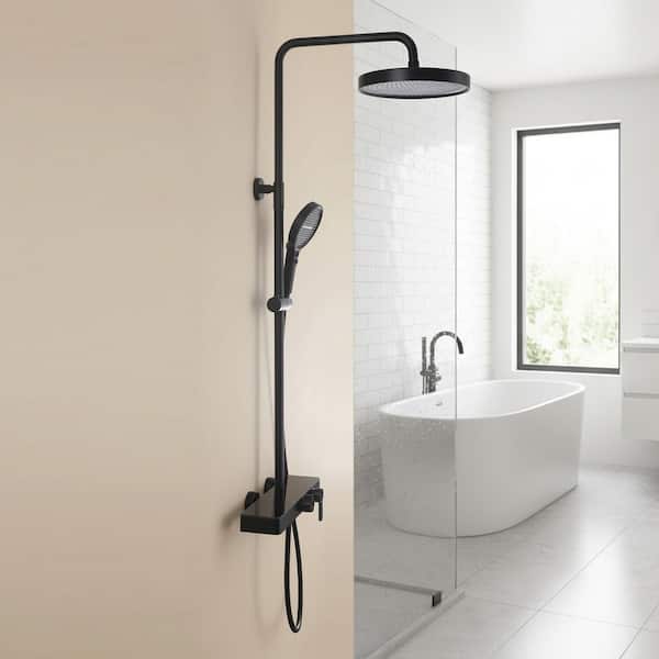 3-Spray Round Wall Bar Shower Kit w/ Hand Shower, Tub Faucet and Rotating Shower Head in Matte Black (Valve Included)