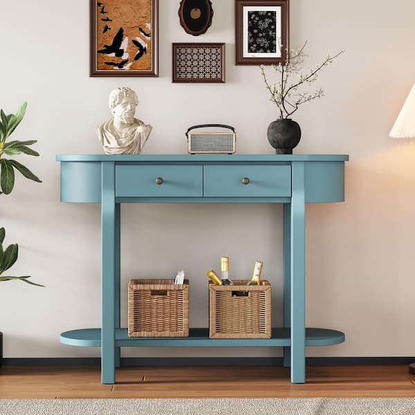 Elegant Retro 40 in. Turquoise Green Oval Wood Console Table with Drawers and Open Shelf