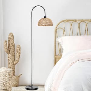62 in. Matte Black Retro 1-light Hemp Rope Arc Floor Lamp with 360° Rotation Rope Drum Shade Foot Switch for Living Room