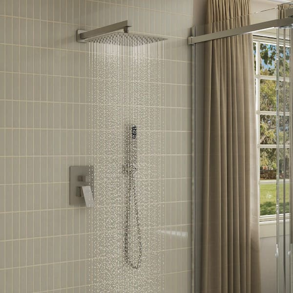 2-Spray 10 in. Square Wall Mount Dual Shower Heads with Hand Shower Faucet 2.5 GPM in Brushed Nickel (Valve Included)