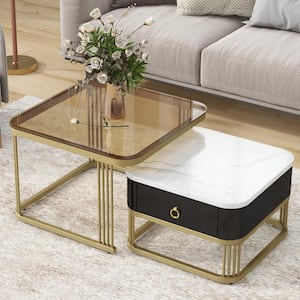 23 in. W Brown Tempered Glass Nesting End Table Black Coffee Table with Drawer(Set of 2)