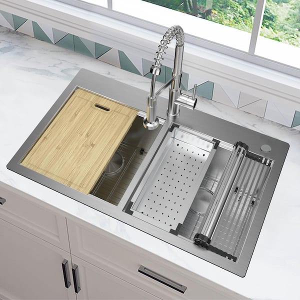 Professional Zero Radius 36 in. Drop-In Double Bowl 16 Gauge Stainless Steel Workstation Kitchen Sink with Accessories